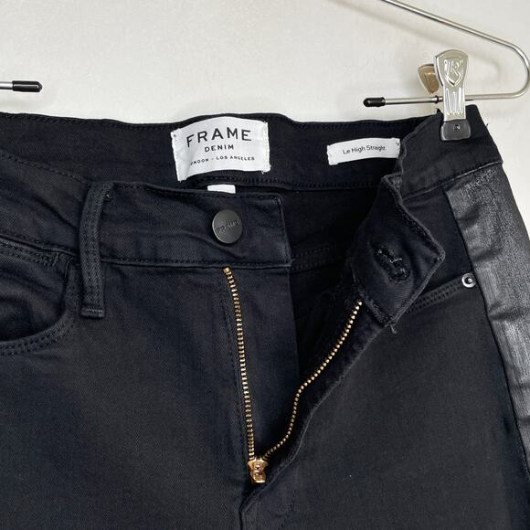 Frame Denim Le High Rise Straight Black Noir Coated Tuxedo Side Stripe Jeans 26 - Picture 8 of 14